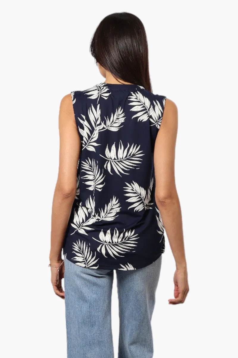 International INC Company Leaf Pattern Henley Tank Top - Navy