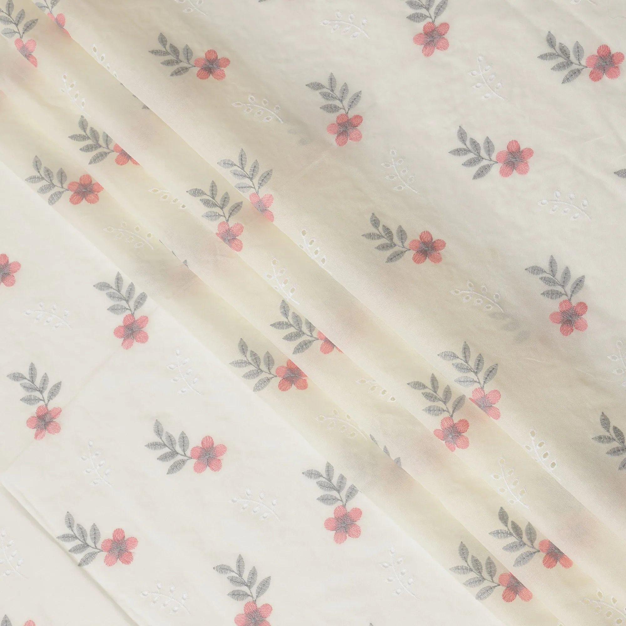 Ivory Cotton Lawn Fabric with Pink and Grey Floral Embroidery, 110 cm Width-D20451