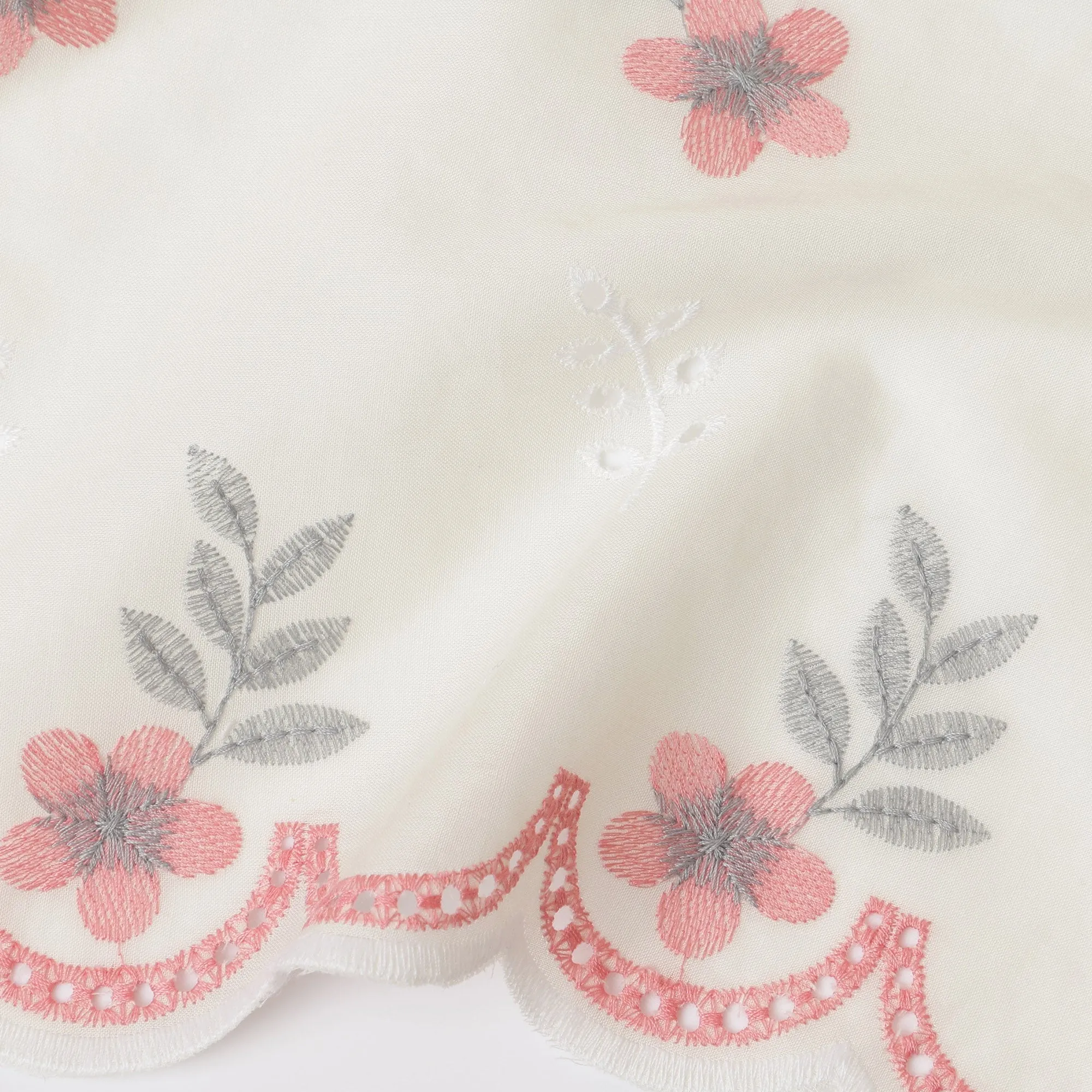 Ivory Cotton Lawn Fabric with Pink and Grey Floral Embroidery, 110 cm Width-D20451