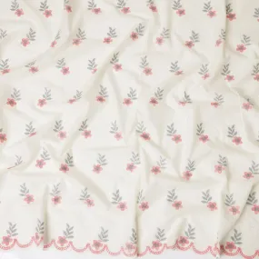 Ivory Cotton Lawn Fabric with Pink and Grey Floral Embroidery, 110 cm Width-D20451