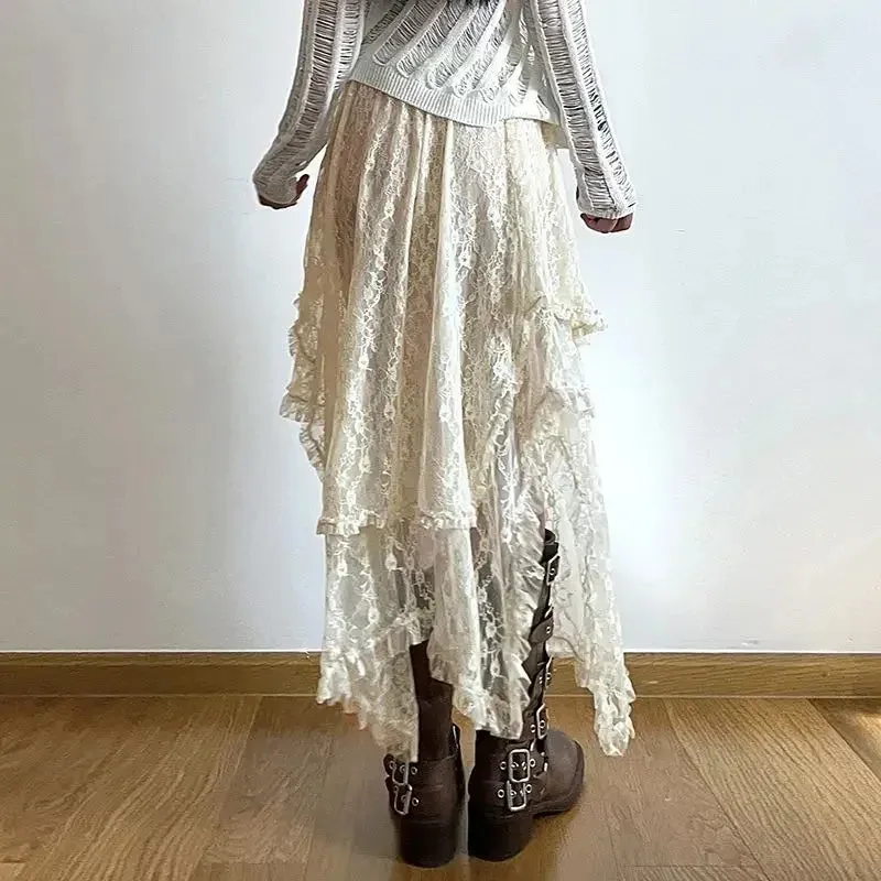 Lace Beige Fairycore Asymmetrical Skirt