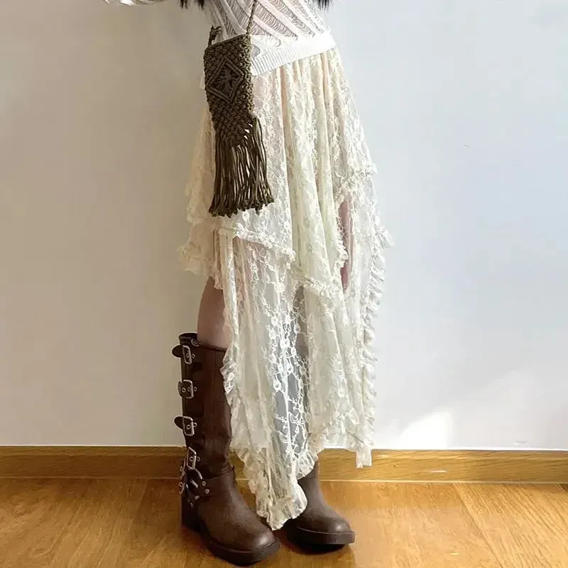 Lace Beige Fairycore Asymmetrical Skirt