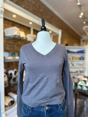 Long Sleeve Waffle Mix V-Neck Top in Dark Pewter