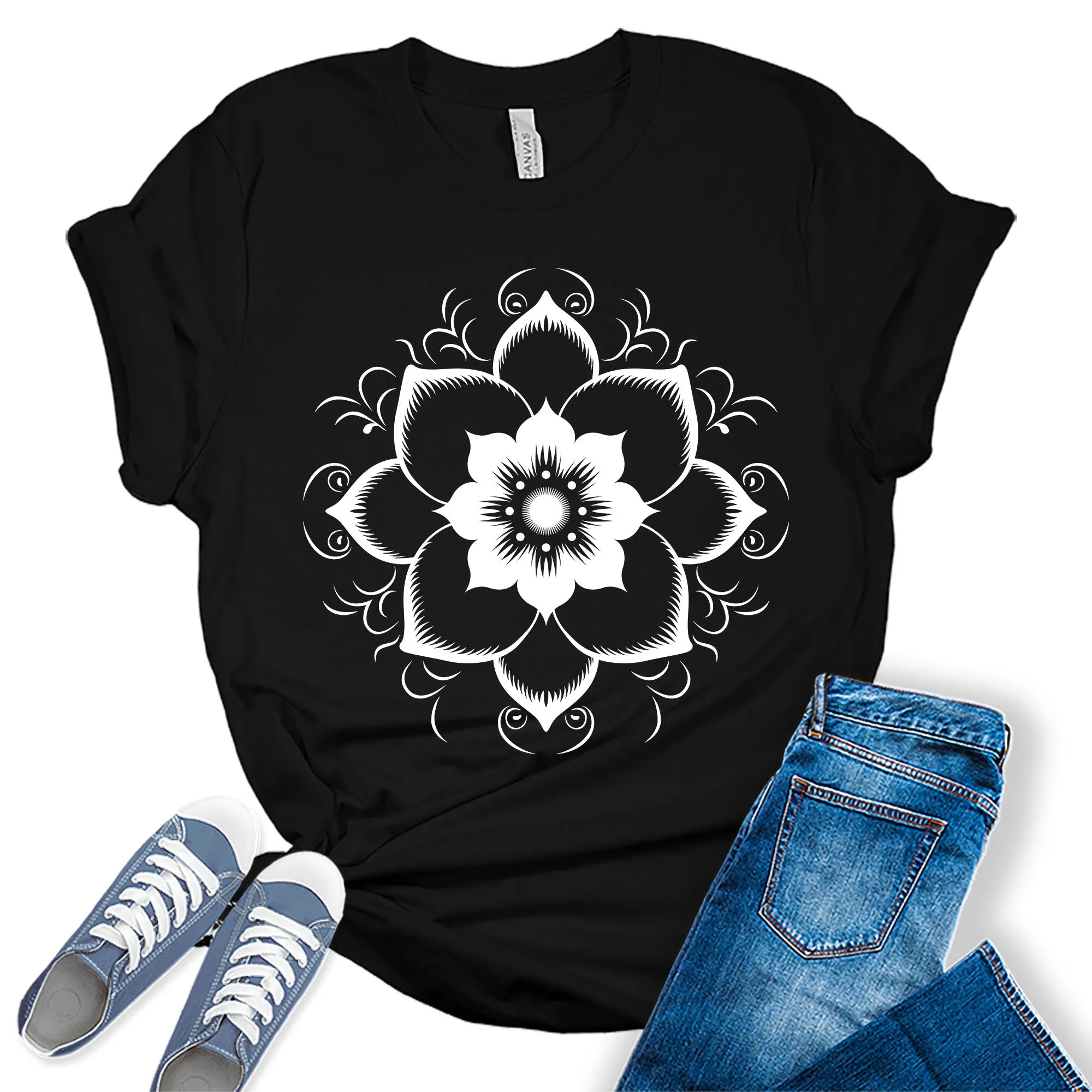 Lotus Mandala Flower Graphic Tees for Women