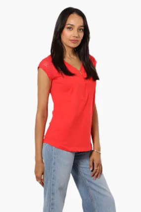 Majora Half Zip Lace Shoulder Tee - Red