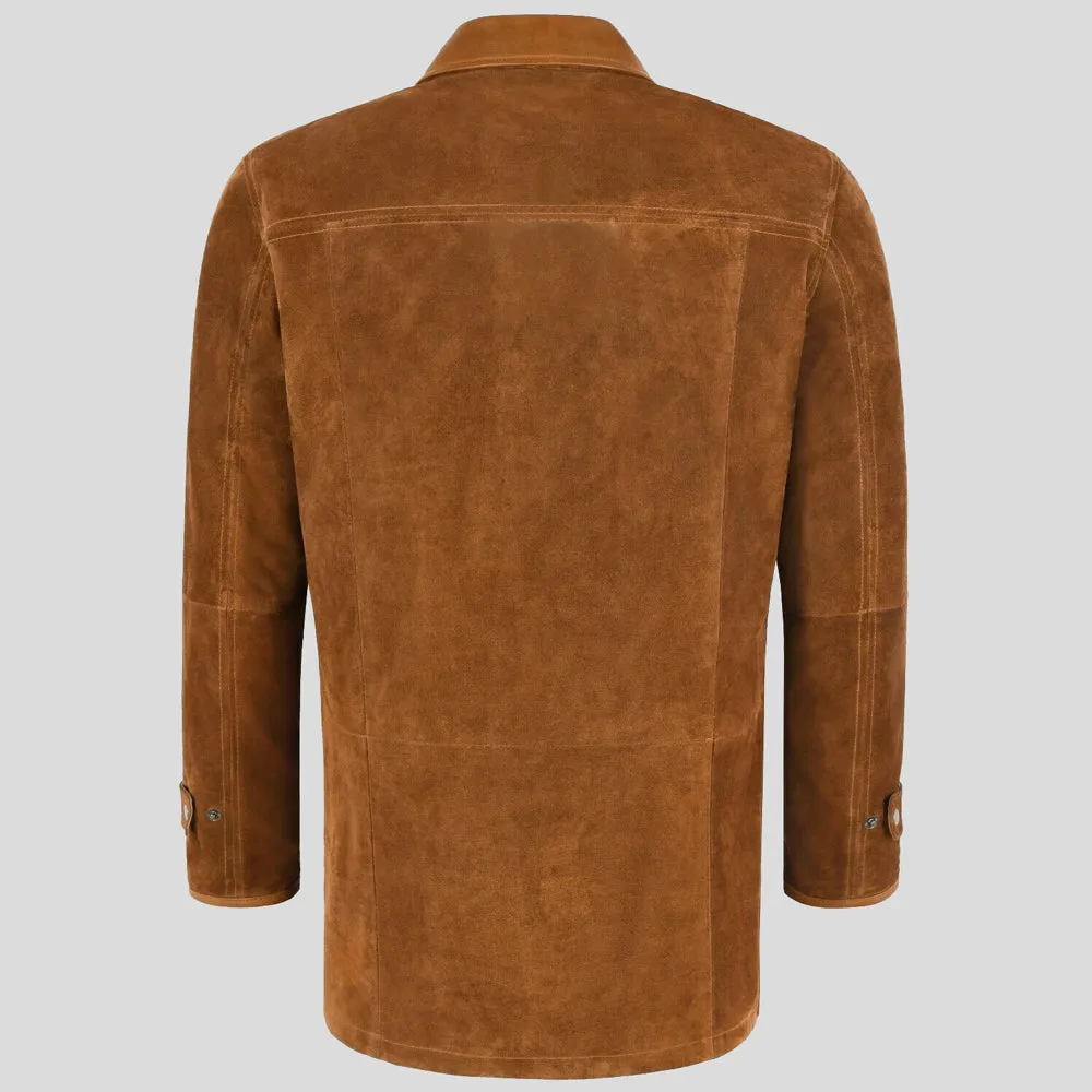 Mens Tan Classic Suede Leather Car Coat