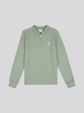 Mens Texture Zip Long Sleeve Polo Shirt in Green Bay