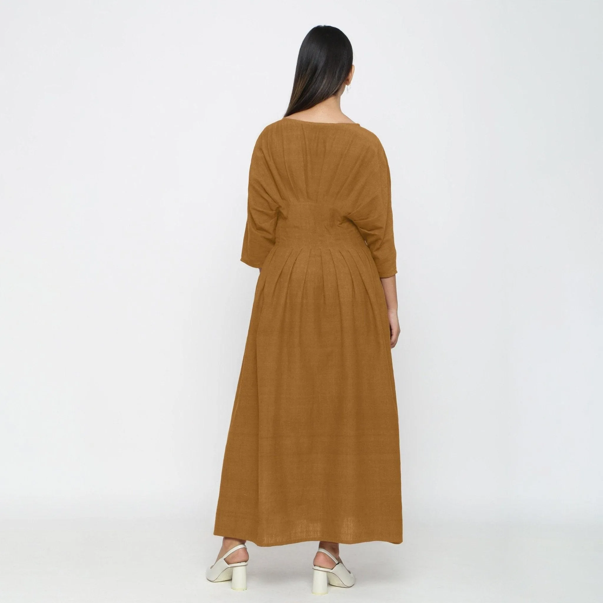 Mustard Yarn Dyed Cotton Ankle Length Pleated Flared Dress