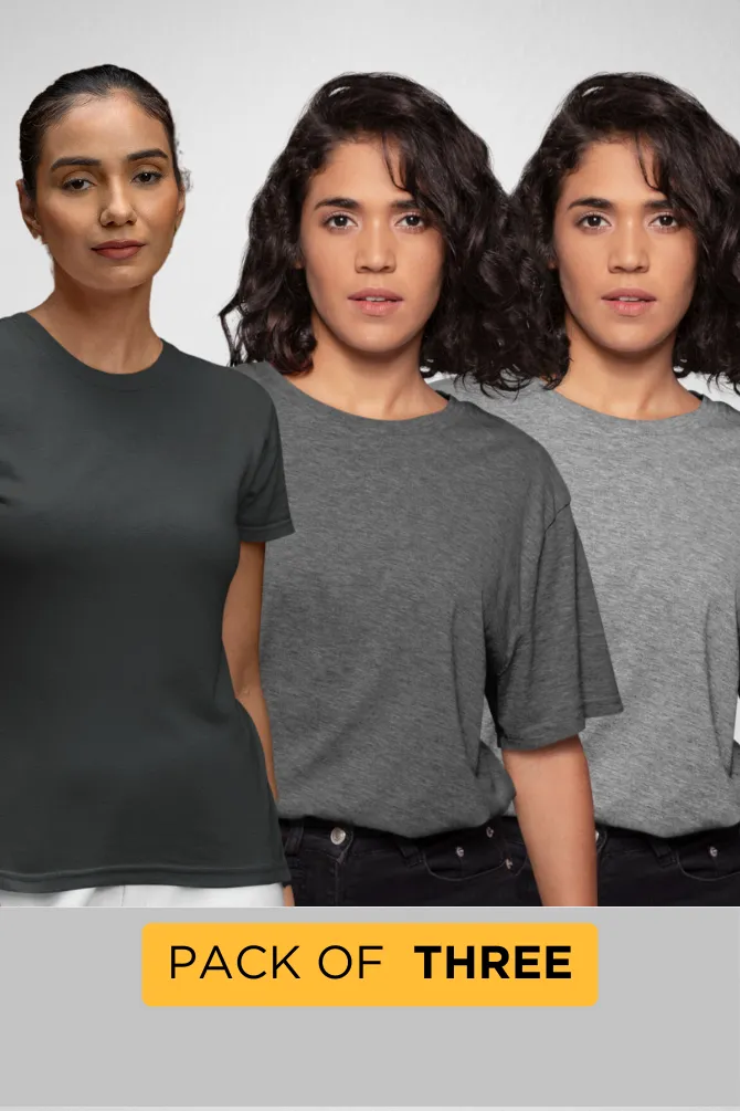 Pack Of 3 Plain T-shirts Grey Melange Steel Grey and Charcoal Melange for Women