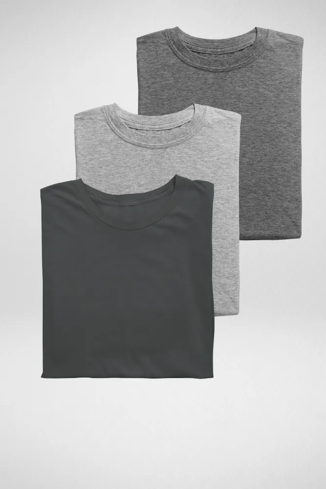 Pack Of 3 Plain T-shirts Grey Melange Steel Grey and Charcoal Melange for Women