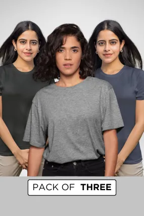 Pack Of 3 Plain T-shirts Navy Blue Grey Melange and Black for Women