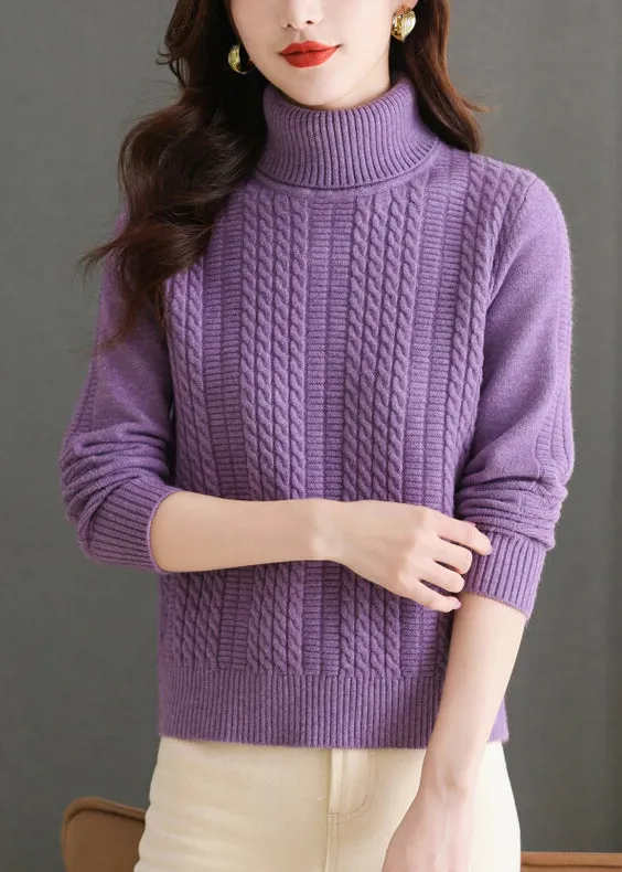 Purple Cozy Thick Knit Sweaters Turtleneck Winter ER018