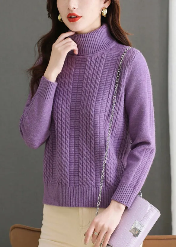 Purple Cozy Thick Knit Sweaters Turtleneck Winter ER018