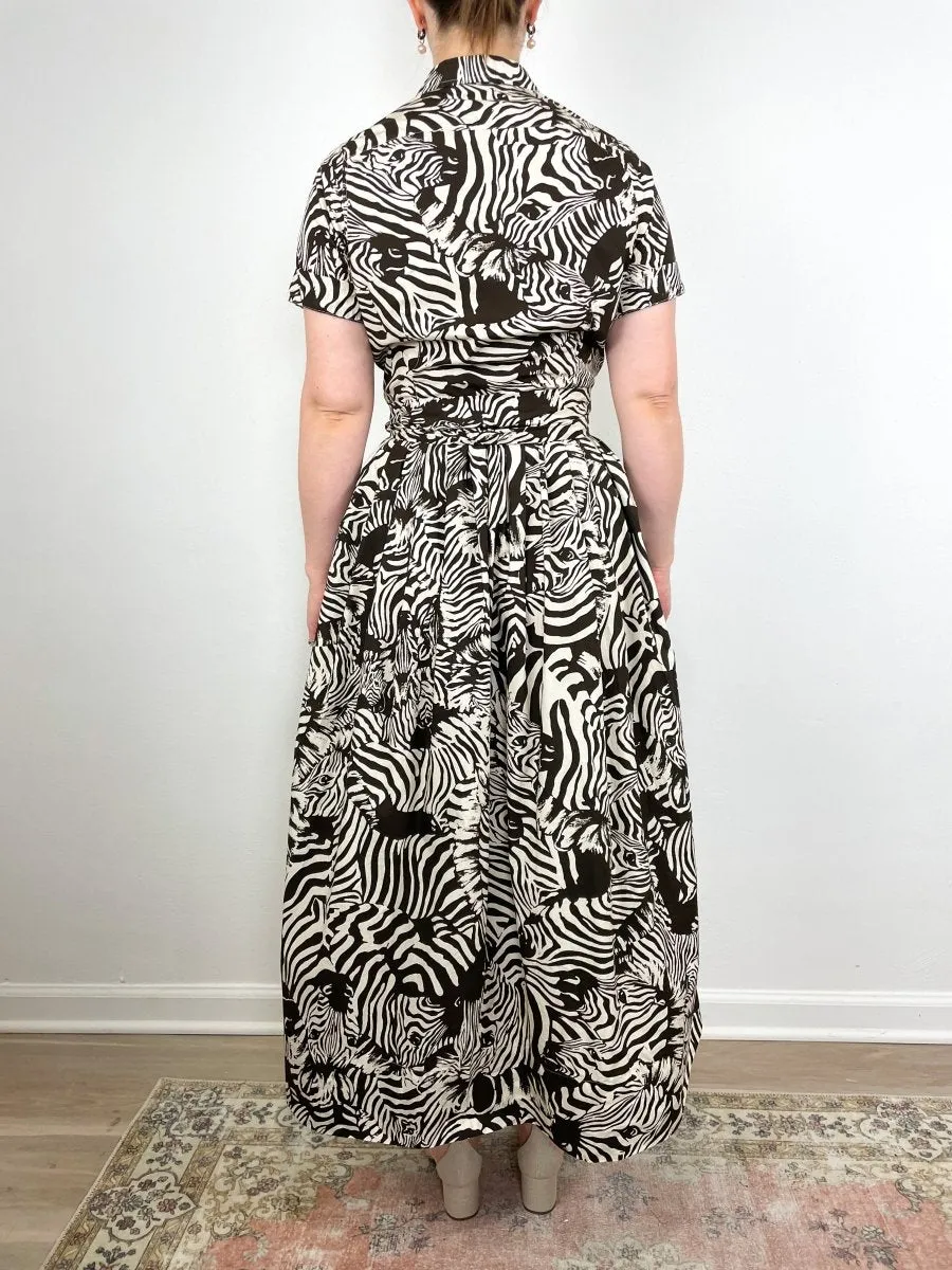 Short Sleeved Classic Shirtwaist Maxi Dress in Brown/Cream Zebra Poplin