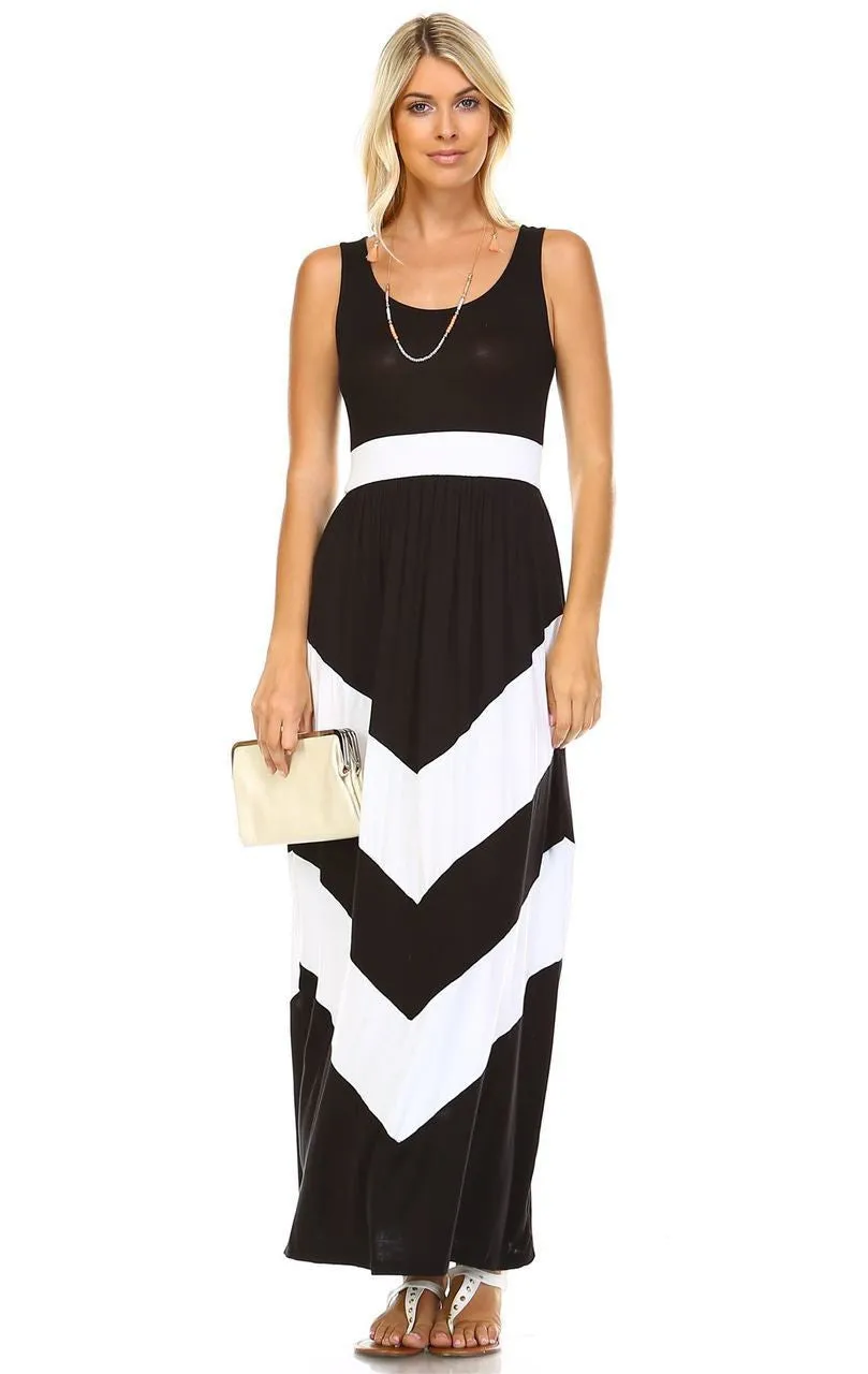 Sleeveless Evening Chevron Maxi Dress Black White