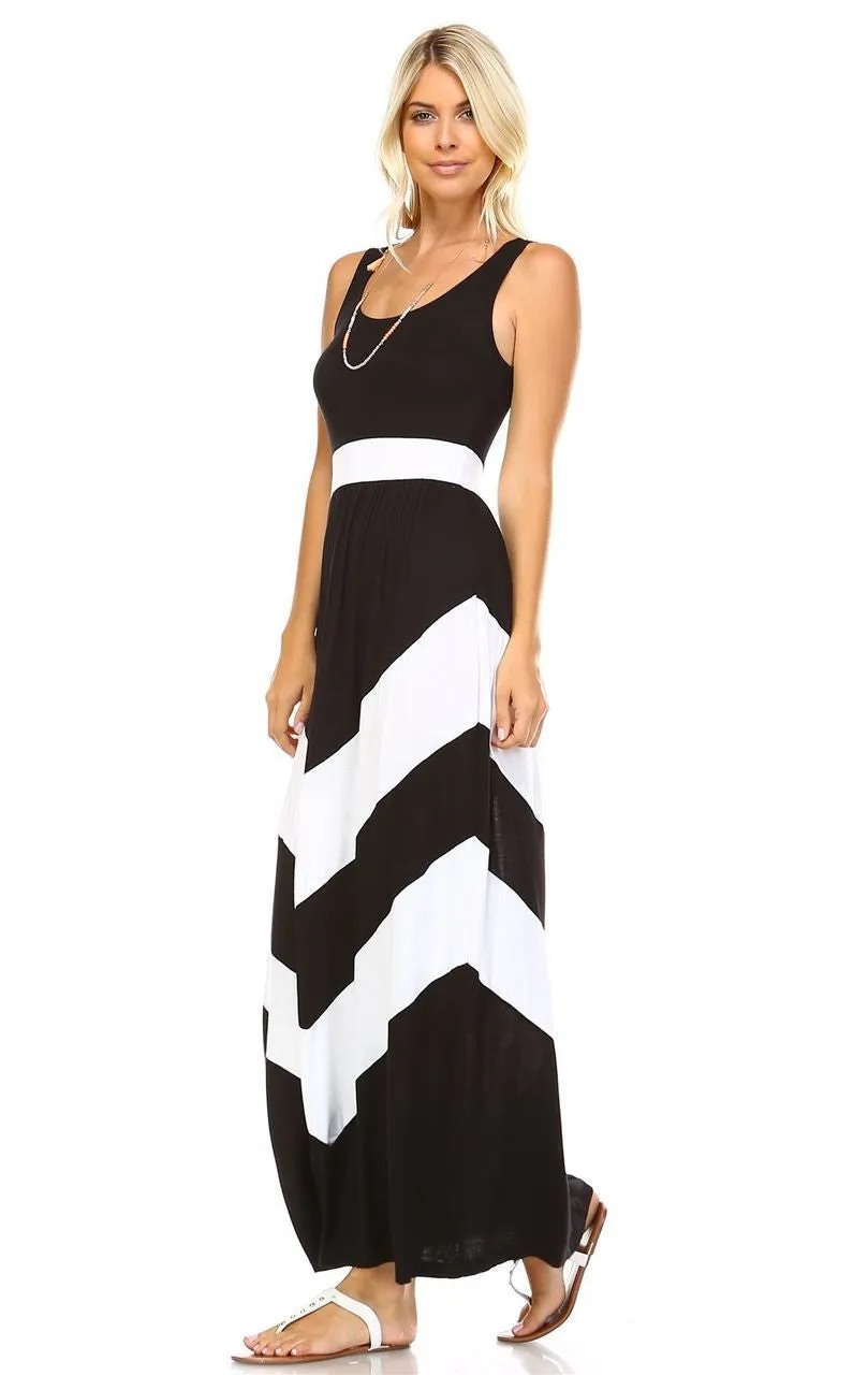 Sleeveless Evening Chevron Maxi Dress Black White