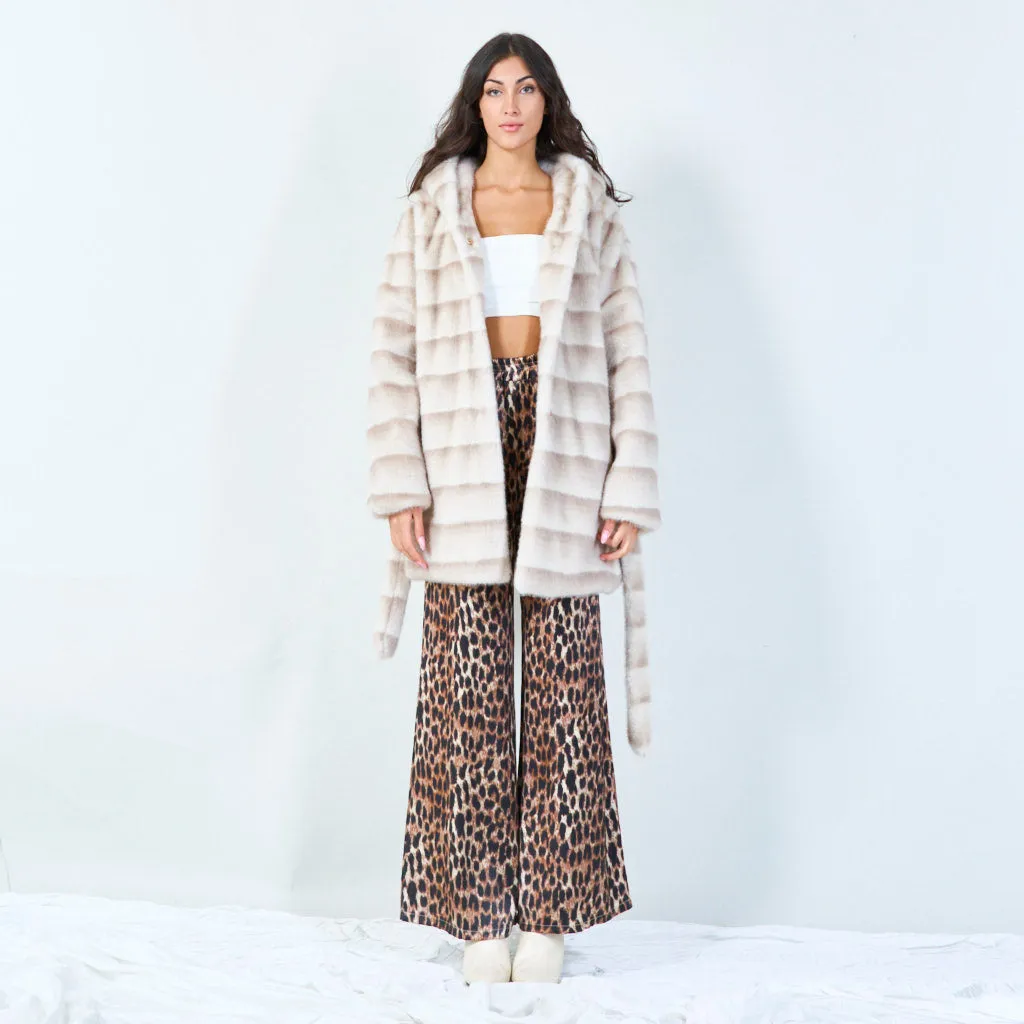 Striped faux fur coat with embellished brooch wholesale