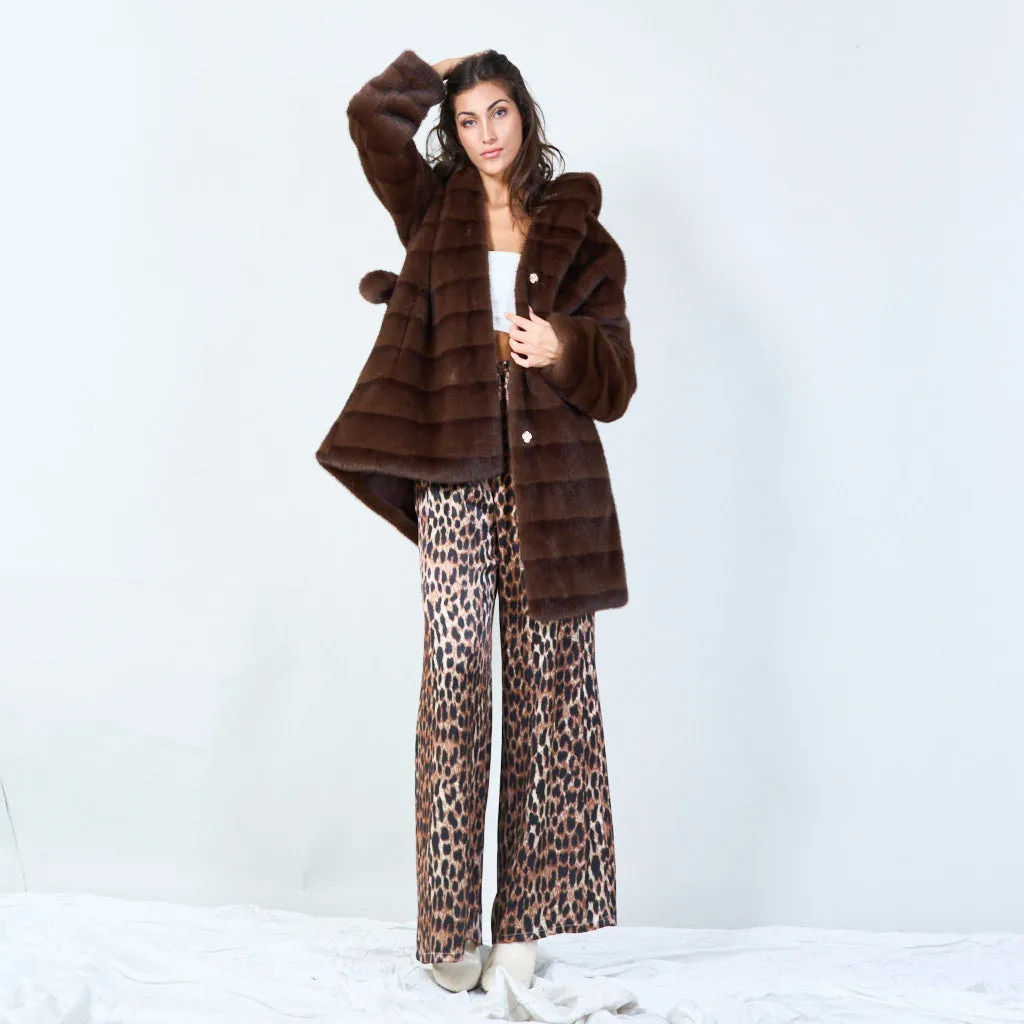 Striped faux fur coat with embellished brooch wholesale