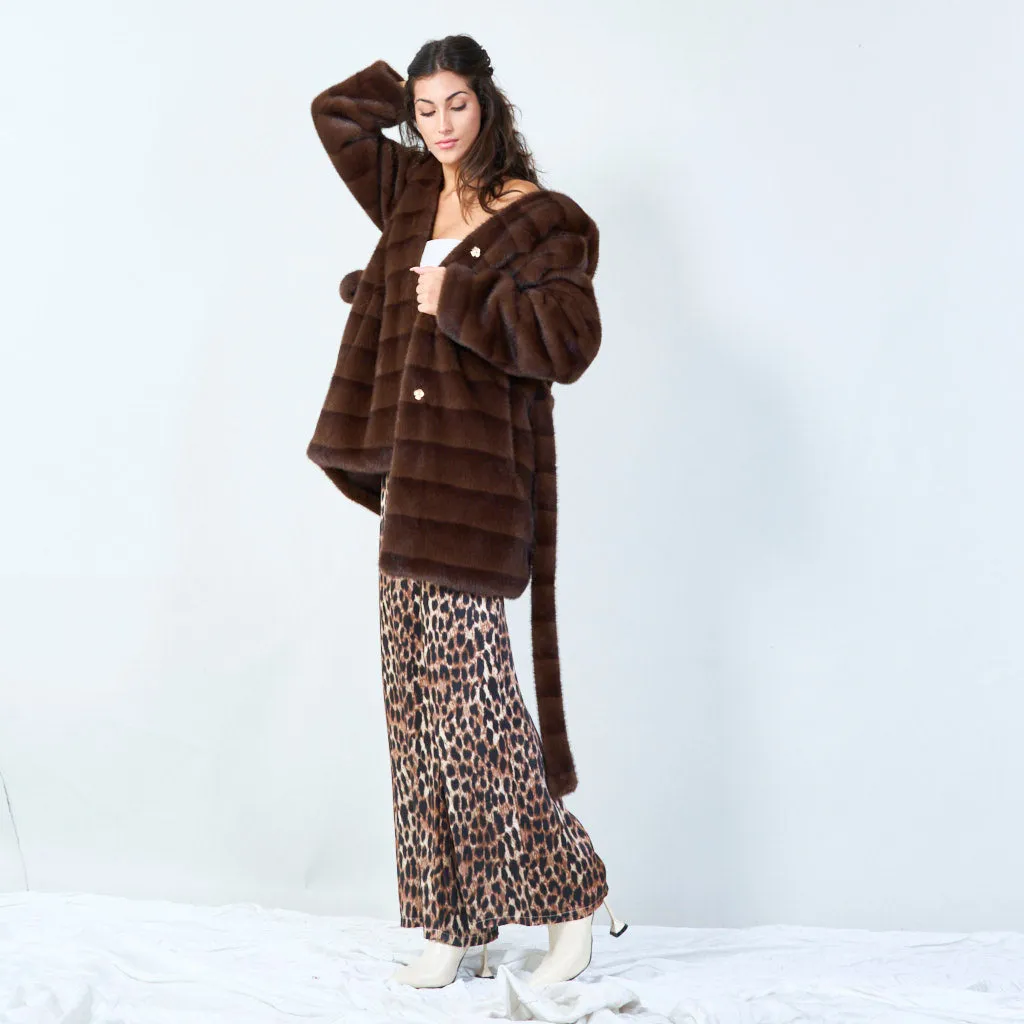 Striped faux fur coat with embellished brooch wholesale