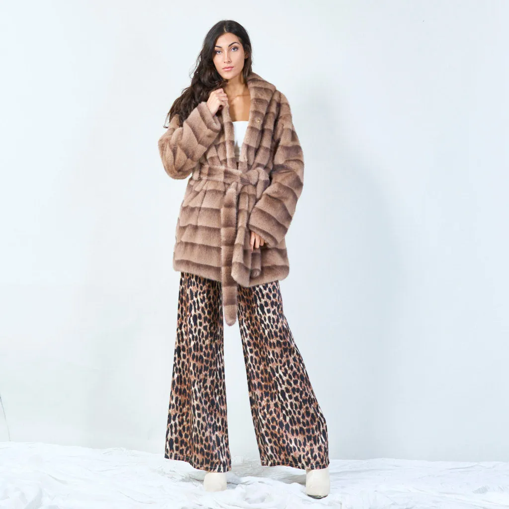 Striped faux fur coat with embellished brooch wholesale