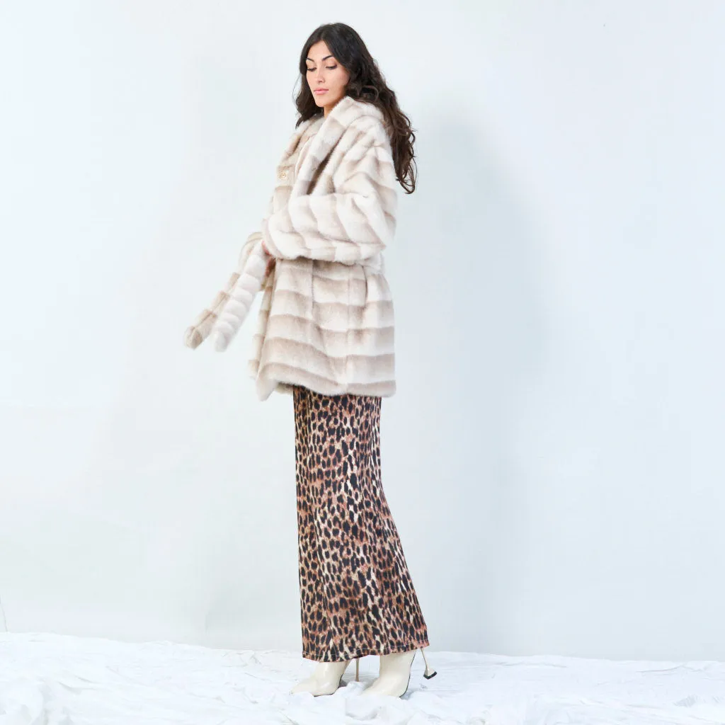 Striped faux fur coat with embellished brooch wholesale