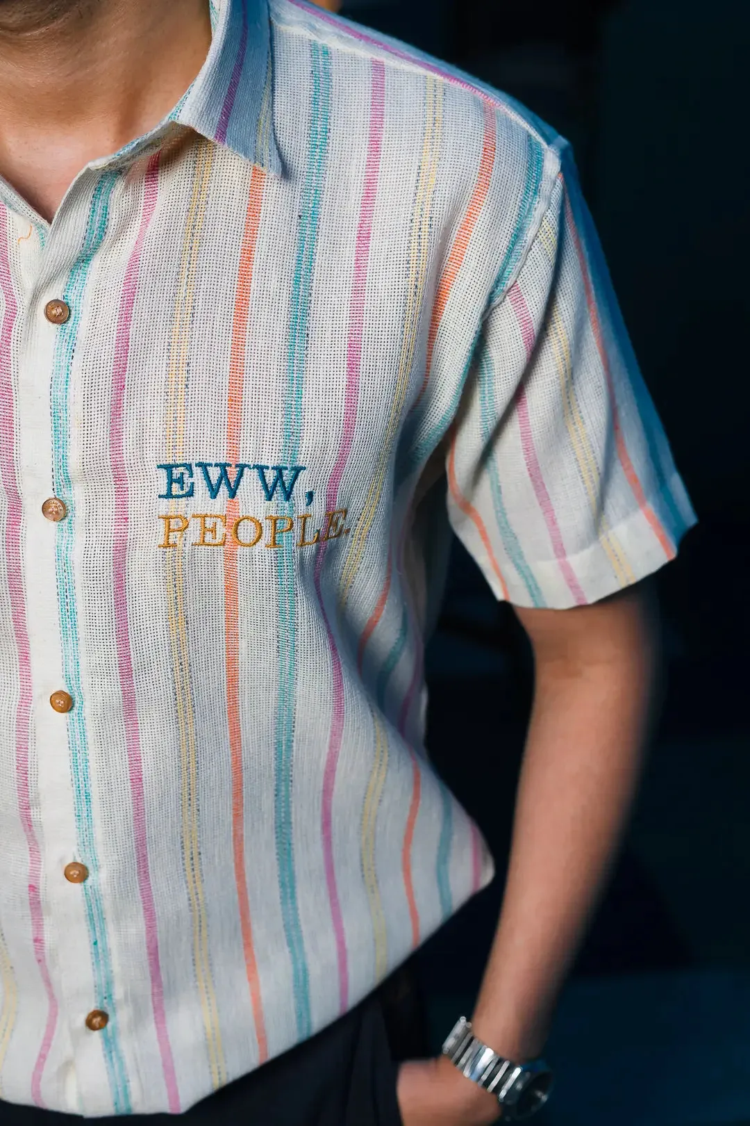 Striped Jute EWW PEOPLE Embroidered Linen Shirt