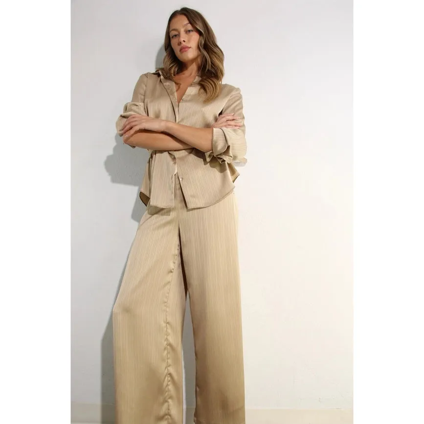 Striped Texture Silky Shirts and Pants Set