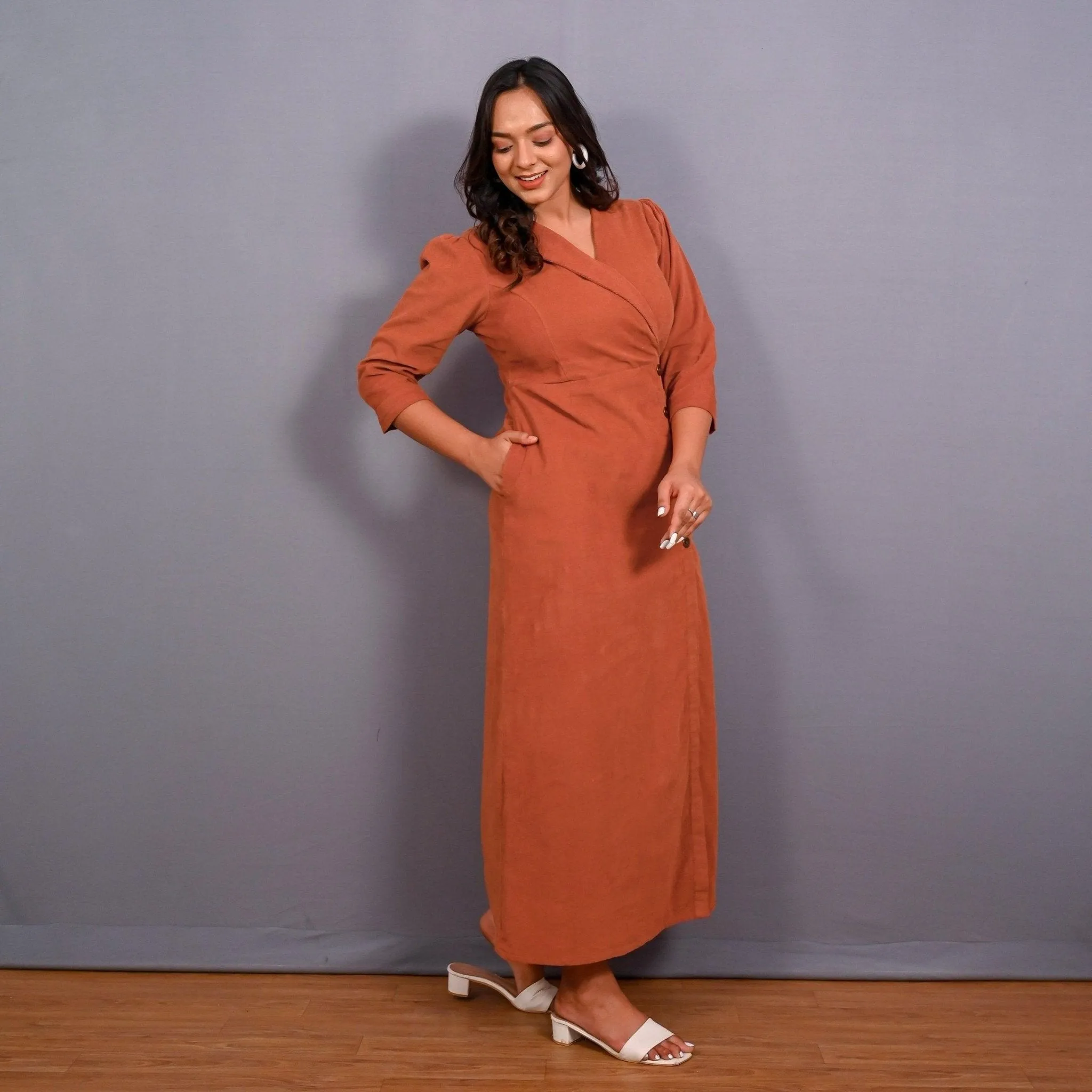 Sunset Rust Warm Cotton Corduroy Front Slit Maxi Dress