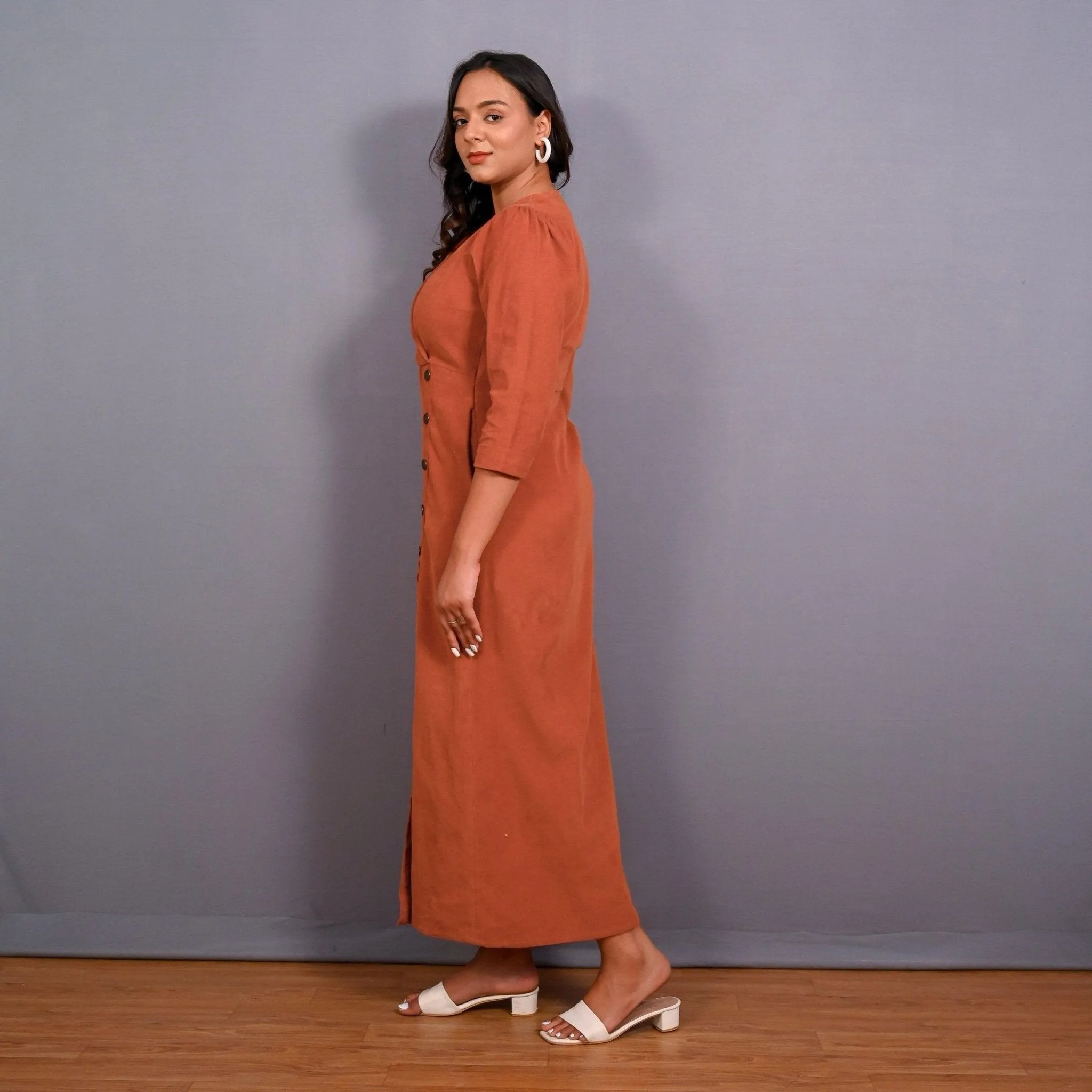 Sunset Rust Warm Cotton Corduroy Front Slit Maxi Dress