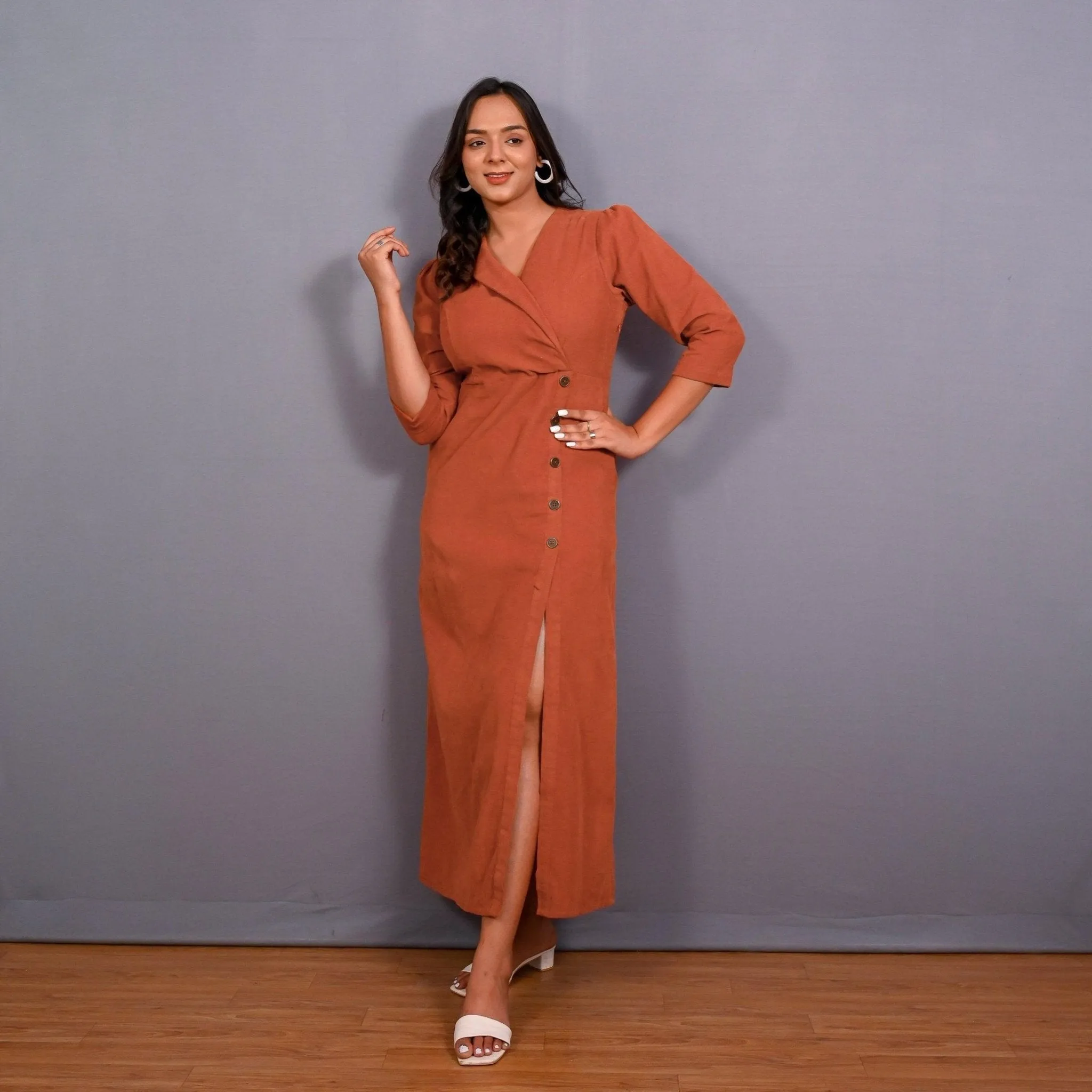 Sunset Rust Warm Cotton Corduroy Front Slit Maxi Dress