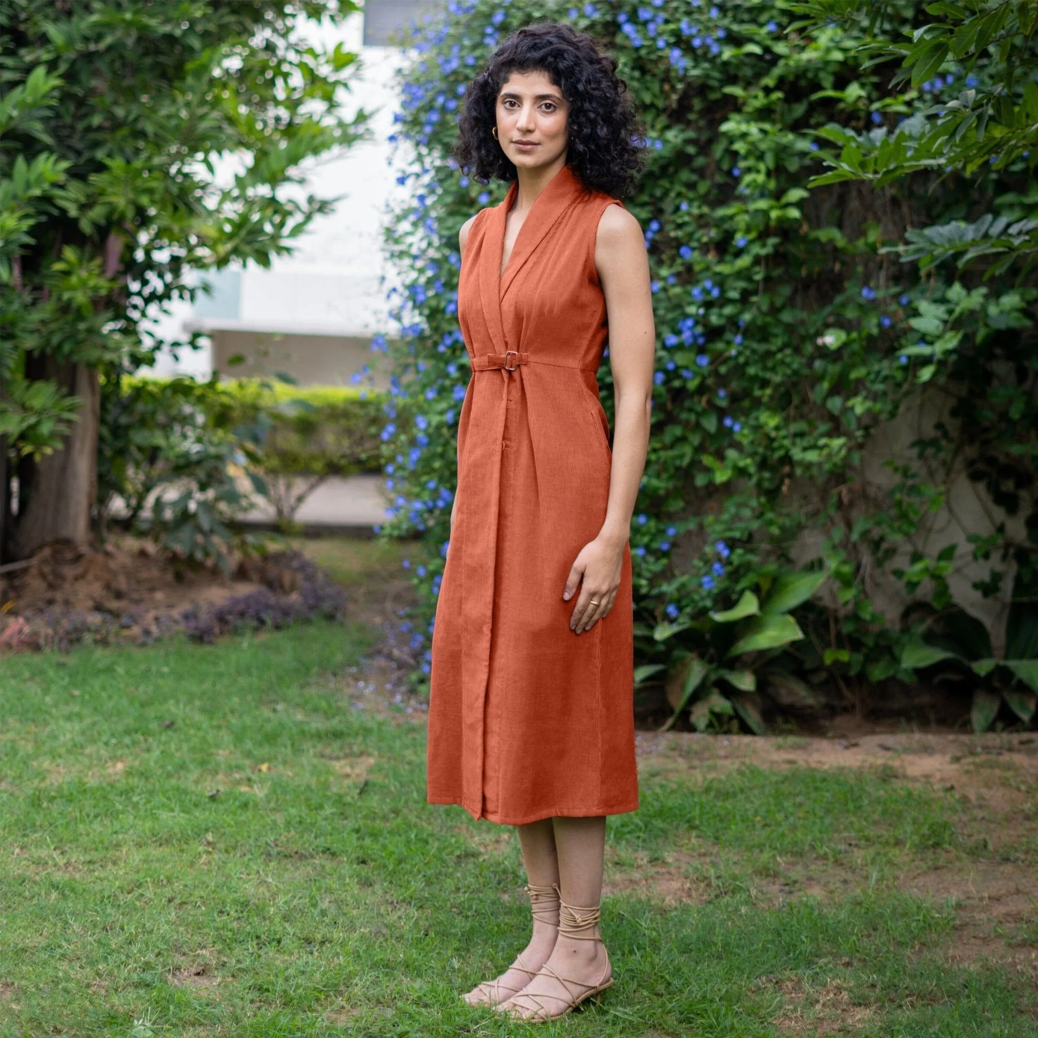 Sunset Rust Warm Cotton Corduroy Sleeveless Midi Blazer Dress