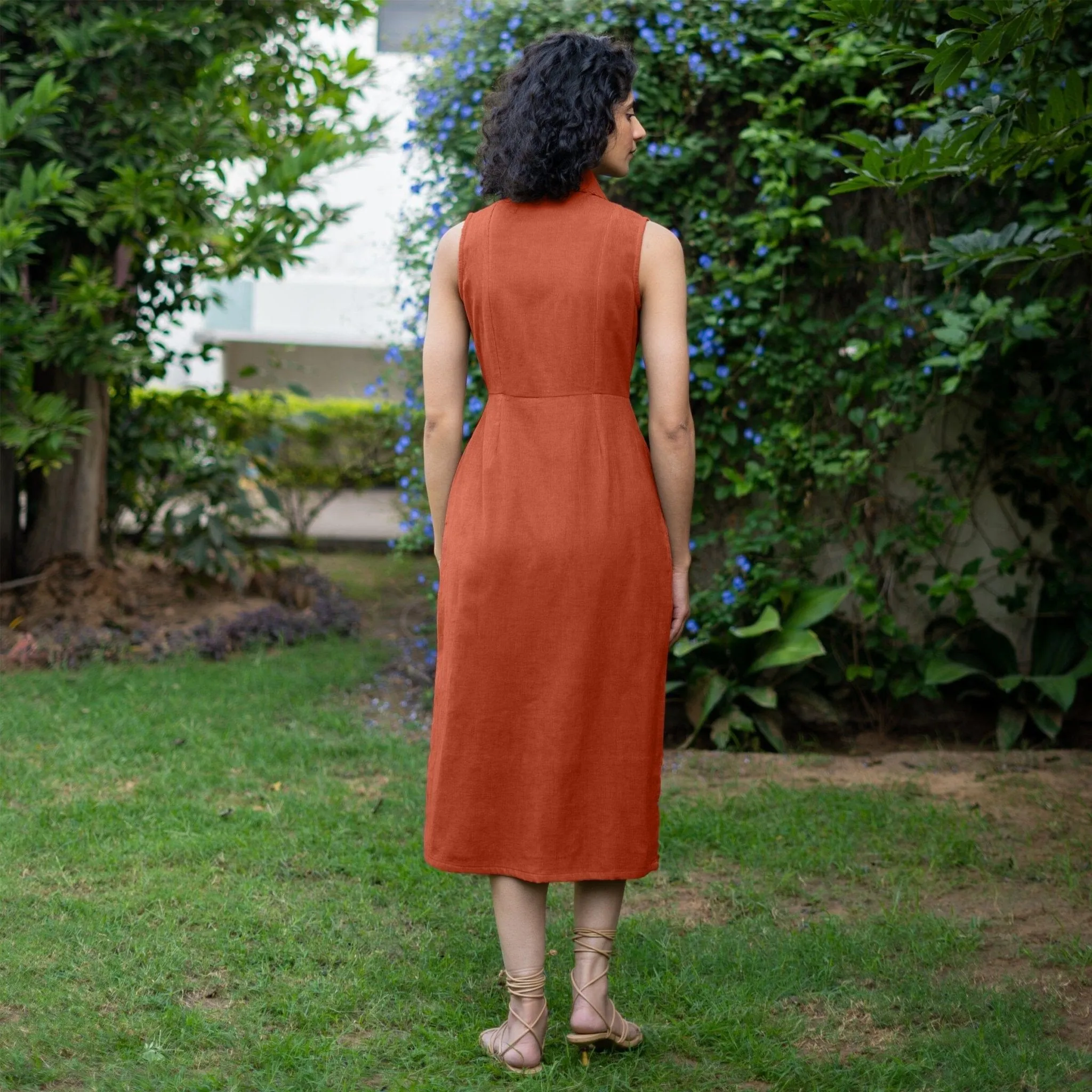 Sunset Rust Warm Cotton Corduroy Sleeveless Midi Blazer Dress