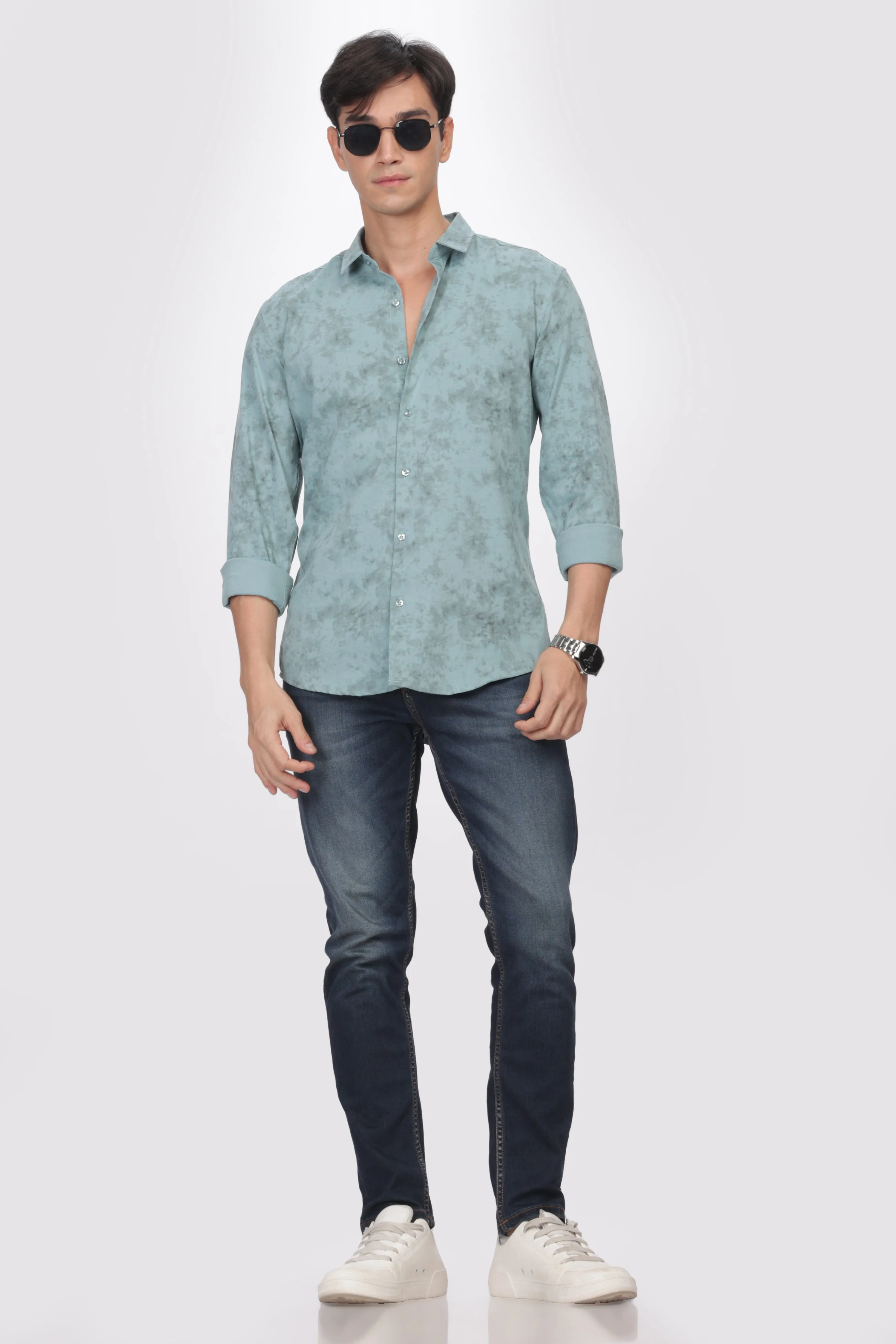 Teal Slim Fit Self Design Casual Shirt