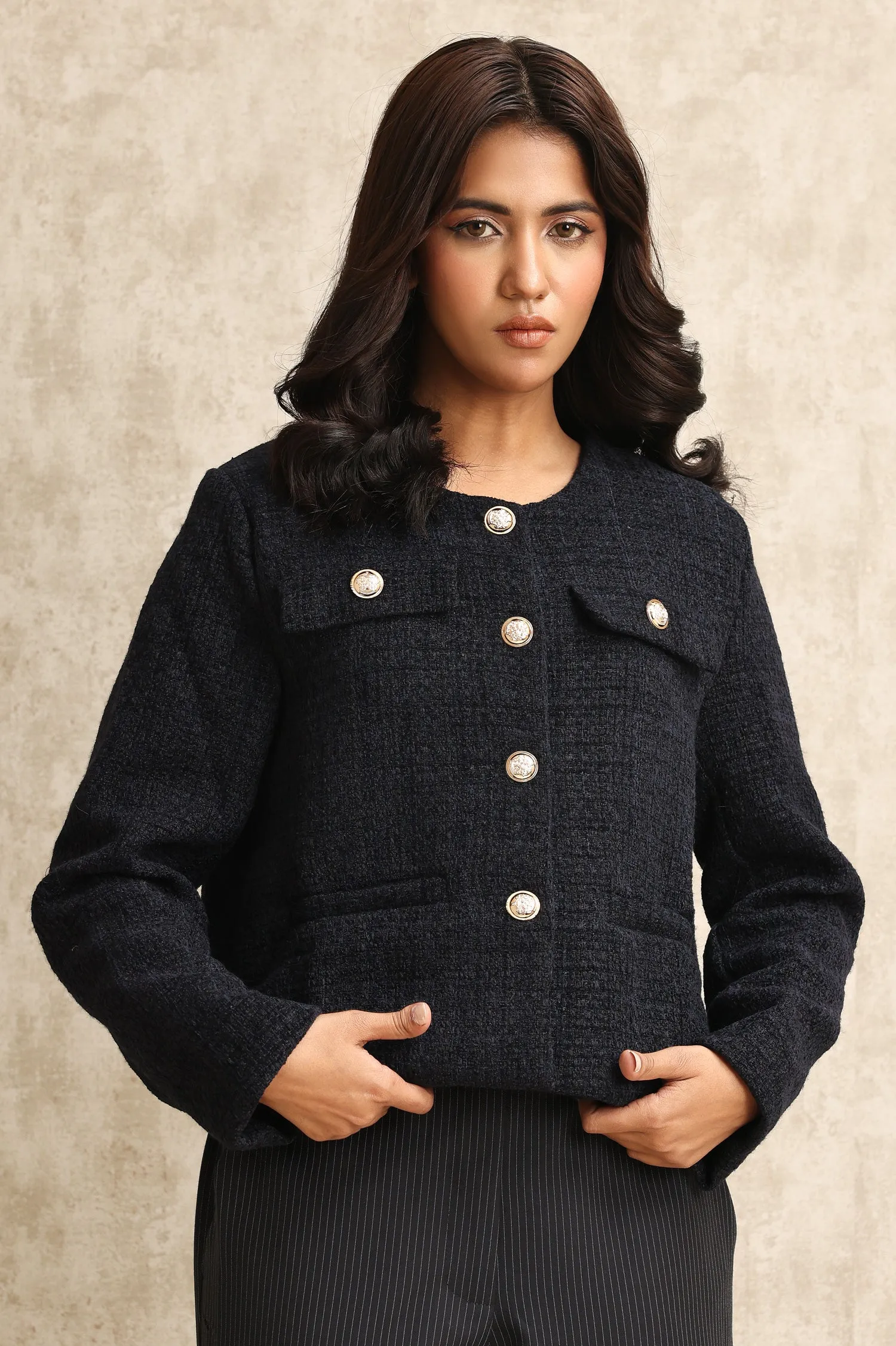 TEXTURED TWEED JACKET-BLACK