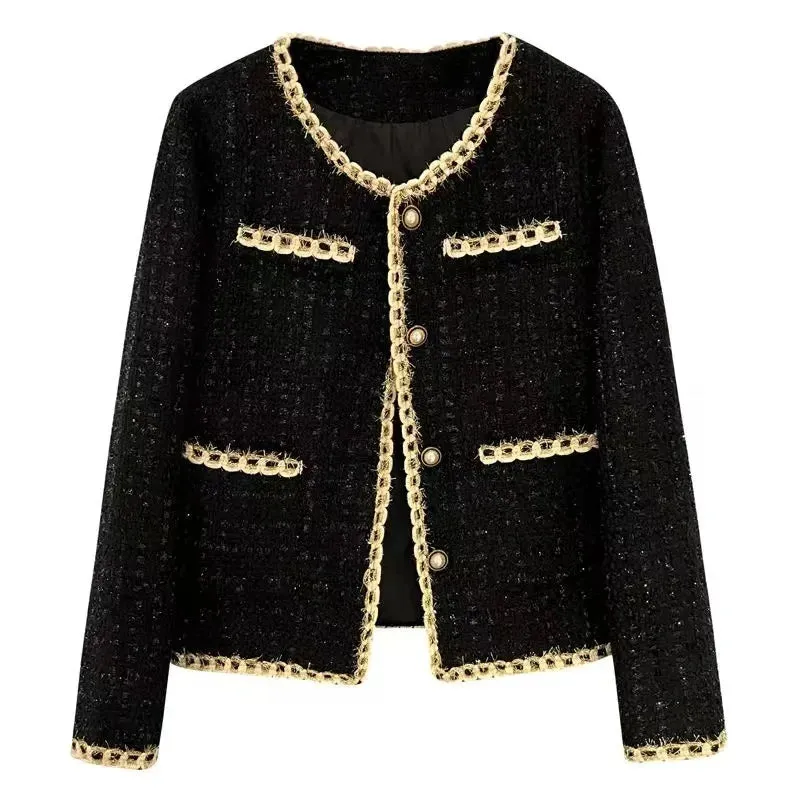 Timeless Black Tweed Suit Jackets with  Gold Thread Decorations