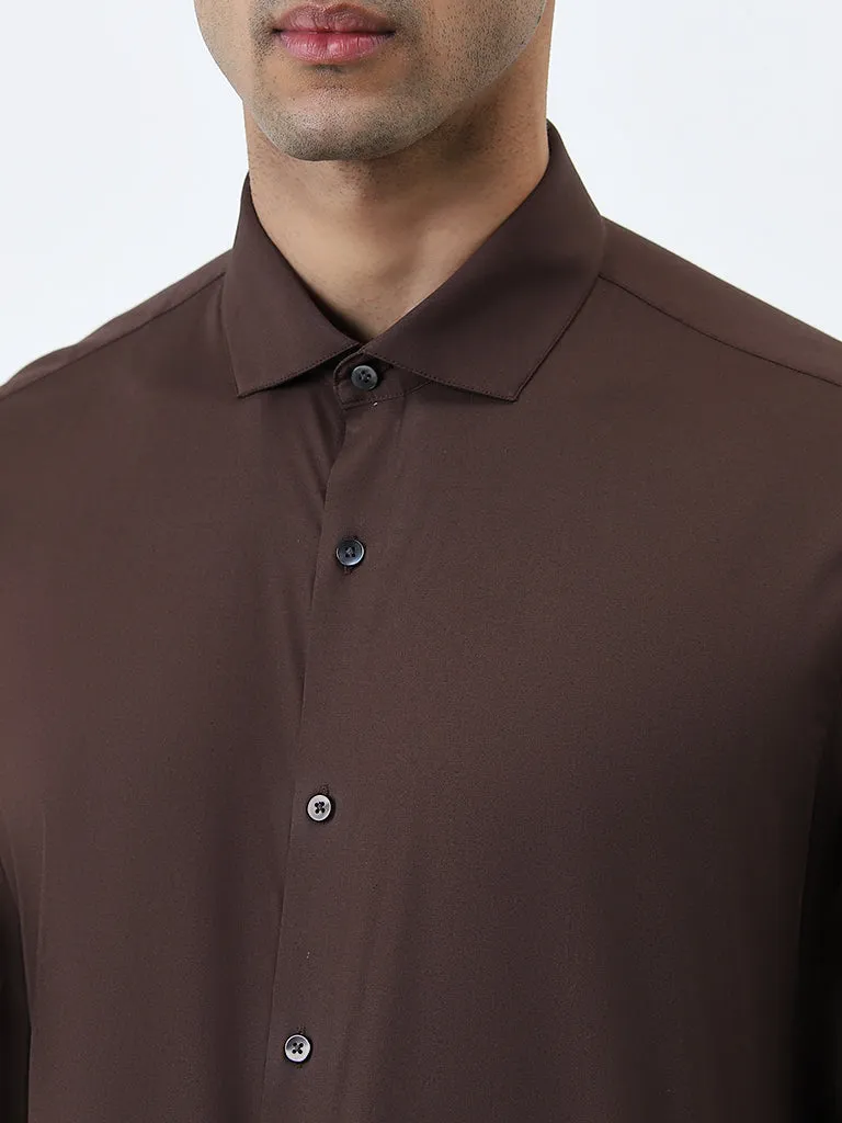 WES Formals Brown Solid Ultra Slim-Fit Cotton-Blend Shirt