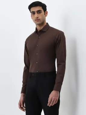 WES Formals Brown Solid Ultra Slim-Fit Cotton-Blend Shirt