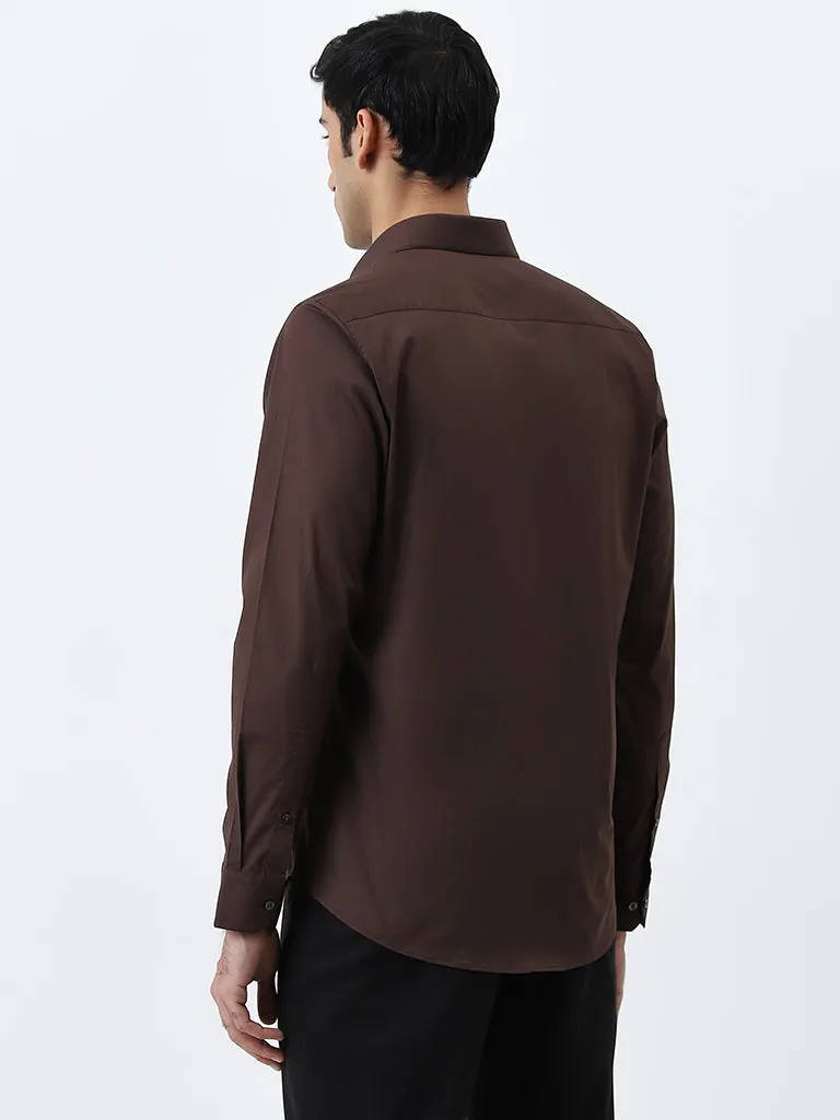 WES Formals Brown Solid Ultra Slim-Fit Cotton-Blend Shirt