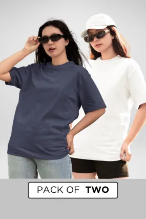 White and Navy Blue Oversized T-Shirts Combo for Women