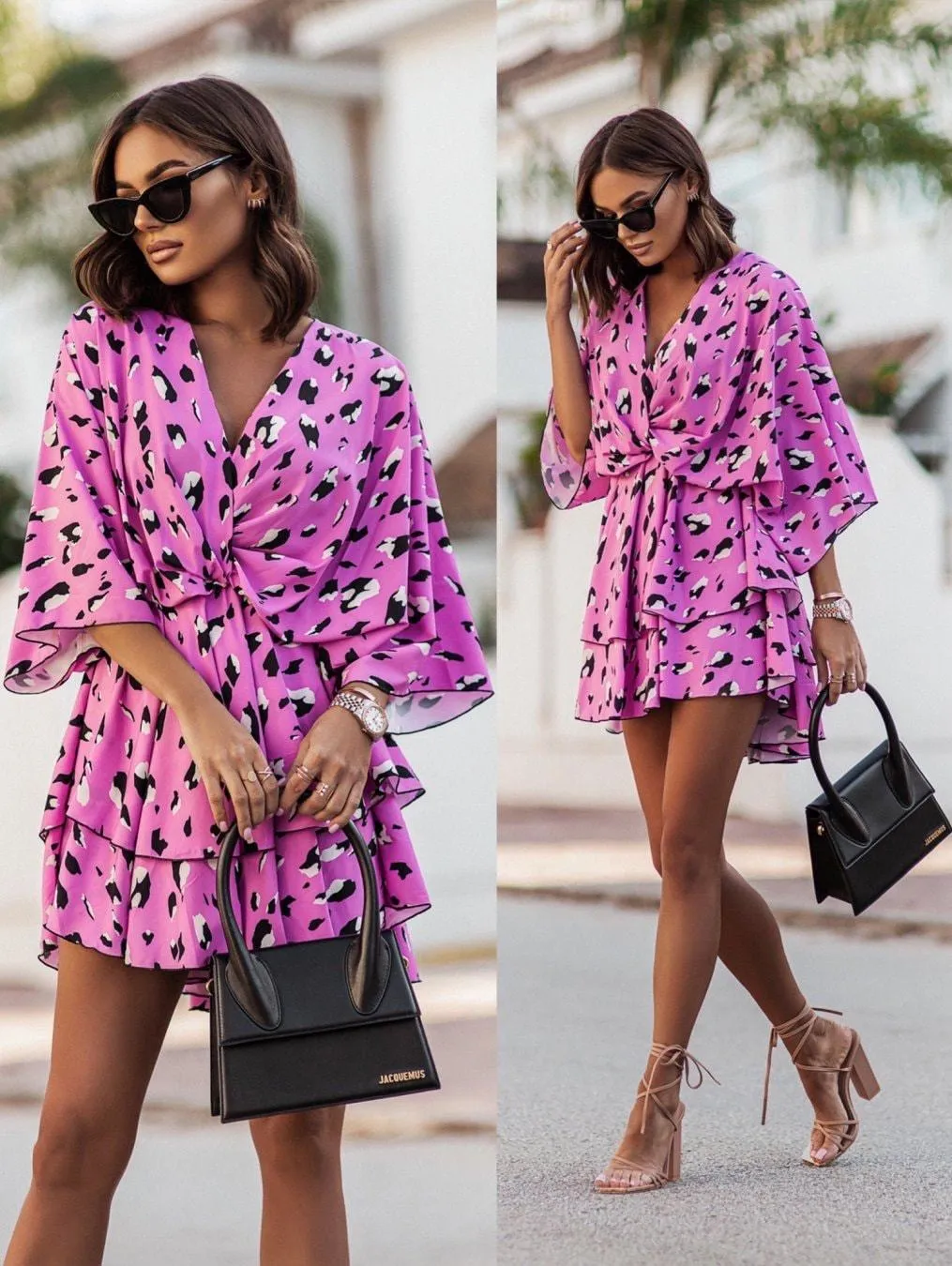 Women's Fashionable Mid Skirt Printed Wave Sleeve Dress