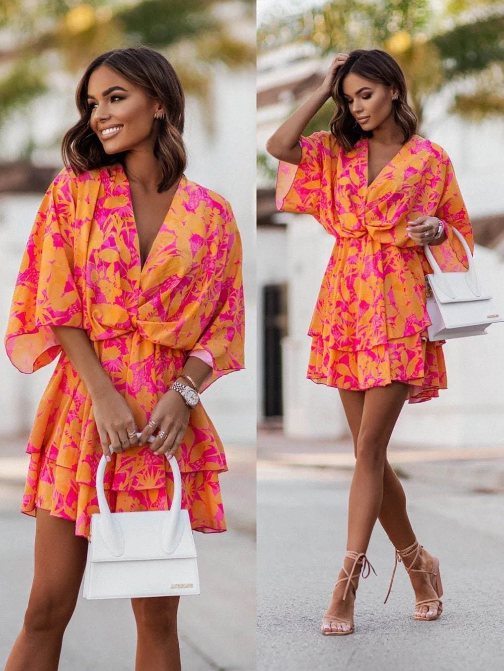 Women's Fashionable Mid Skirt Printed Wave Sleeve Dress