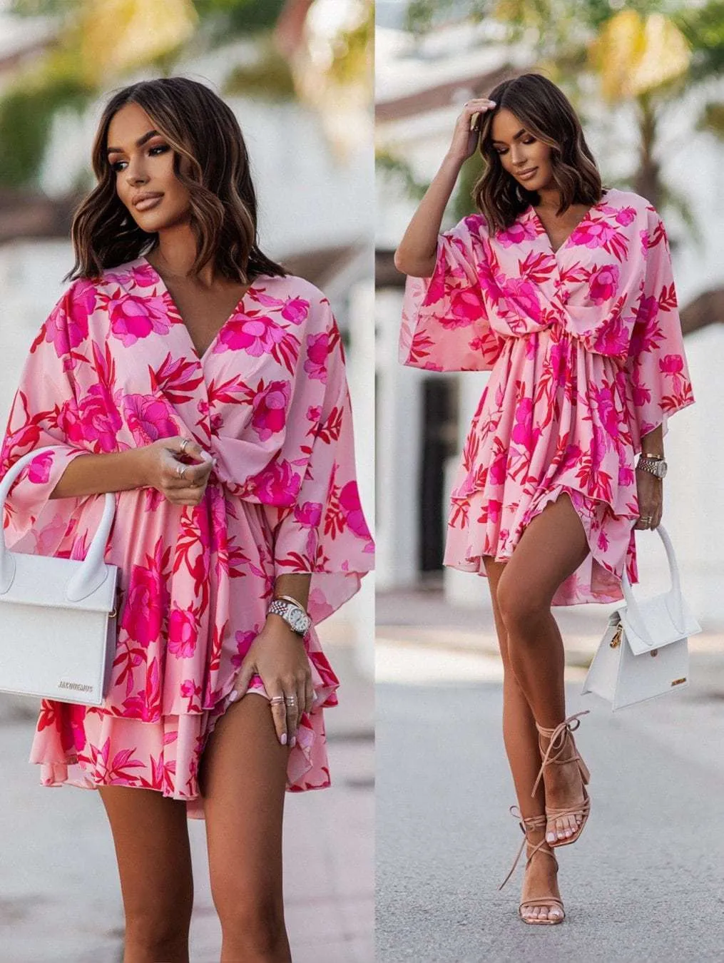 Women's Fashionable Mid Skirt Printed Wave Sleeve Dress